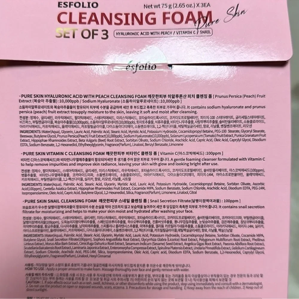 ESFOLIO SET OF 3 CLEANSING HYALURONIC ACID FOAM PEACH VITAMIN C SNAIL